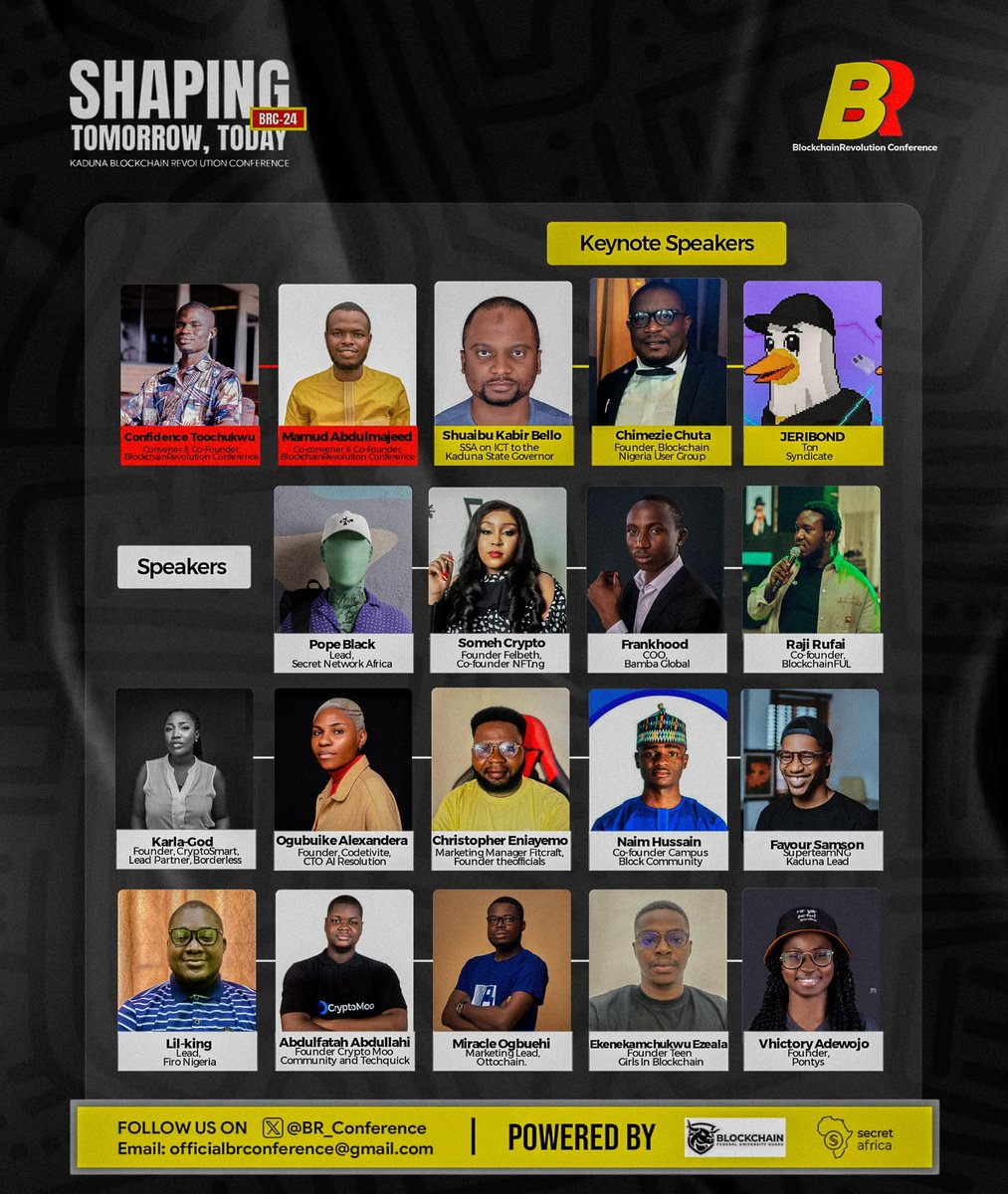 BR_Community1's tweet image. 🎤 Meet the incredible lineup of keynote speakers and industry experts at BRC-24! Get ready to be inspired by leaders like @bello_sk1 @ChimezieChuta @0xweb3bond @_karlagod @SomehCrypto @thepopeblack @kingfrankhood @husteem &amp;amp; many more.
Join us on Aug 27 at KASU
#BRC24 #TechLeader