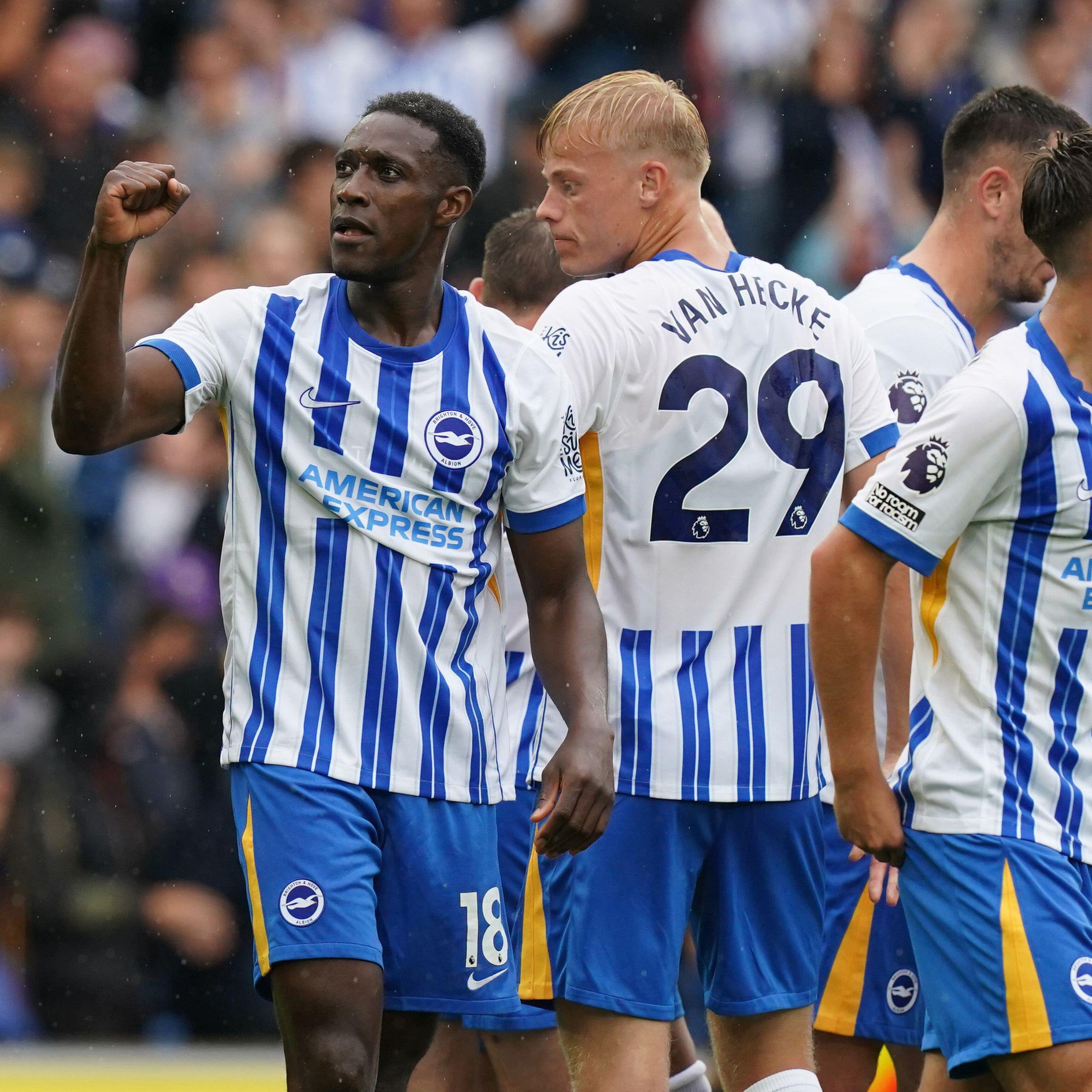 Danny Welbeck celebrates scoring for Brighton against Manchester United.