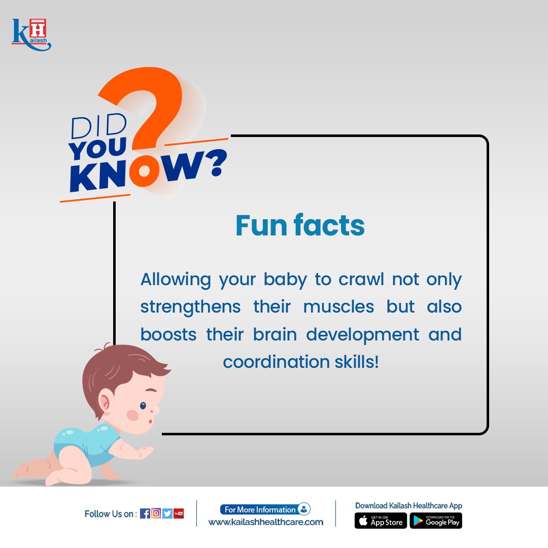 KailashHealth's tweet image. Did you know that crawling isn&apos;t just for fun? 👶 It helps build muscles, boosts brain development, and improves coordination! Let your little one explore and grow.

#funfacts #babydevelopment #crawling #parentingtips