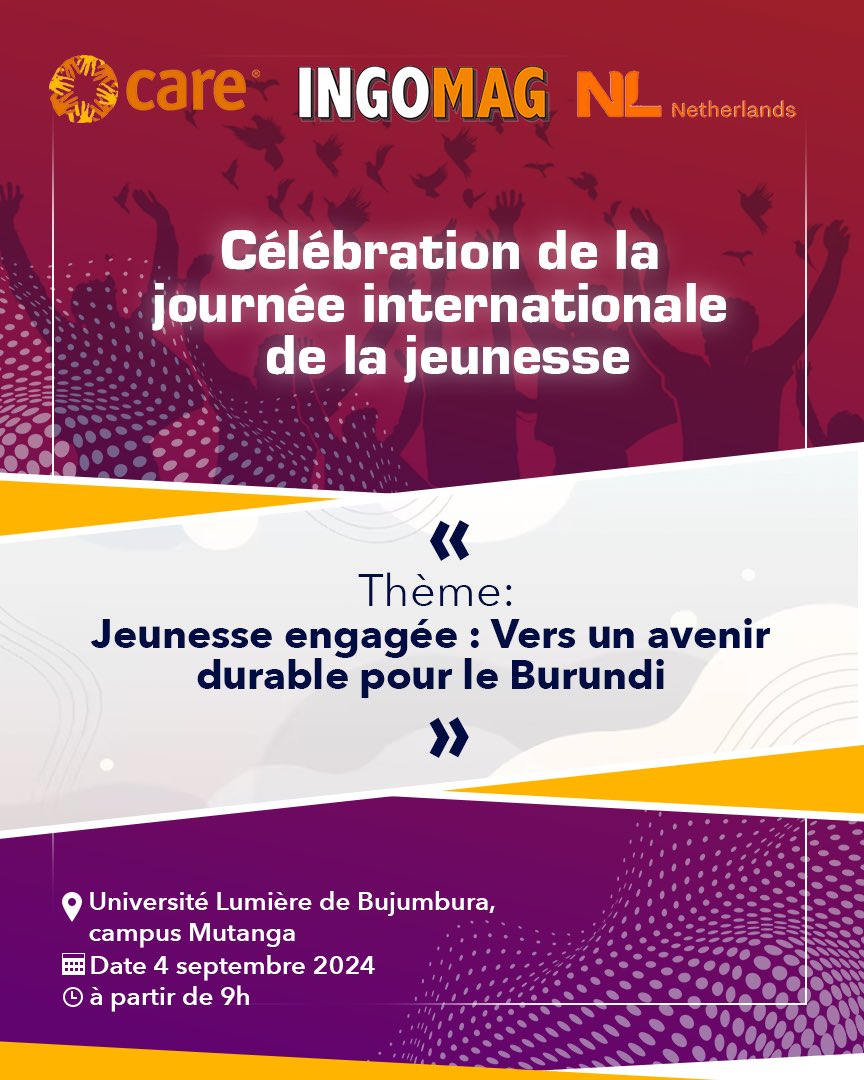 IngoMagazine's tweet photo. Dans le cadre de la célébration de la Journée internationale de la jeunesse, l’équipe #INGOMAG, en partenariat avec Care Burundi (@CAREBurundi) et avec le soutien financier de l'Ambassade du Royaume des Pays-Bas au Burundi (@NLinBurundi), organise une session d’échanges avec les étudiants de l’Université Lumière de #Bujumbura, Campus Mutanga, le 4 septembre 2024.
Cette session aura pour thème : "Jeunesse engagée : Vers un avenir durable pour le #Burundi".
#VisitBurundi
#YouthImpulse
#BeautifulDestinations