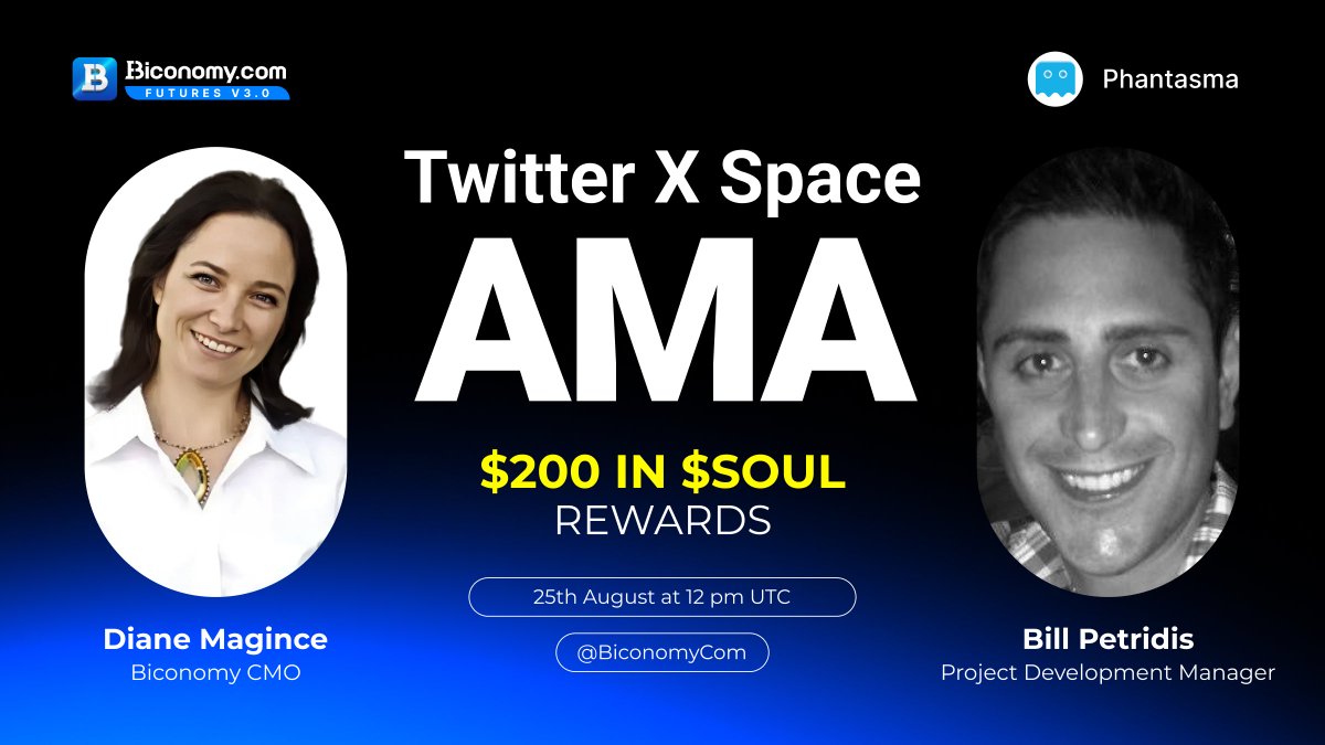 BiconomyCom's tweet photo. 🚀 #Biconomy & #SOUL Twitter/X Space AMA 🚀

We are glad to announce the Space Session with the @PhantasmaChain Project, which will launch on 25th August at 12 pm UTC on @BiconomyCom Space.🔥

🗓️Activity time: 25th August at 12 pm UTC

💎Join Twitter/X Space to win $200 in $SOUL🔥

>Step 1. Complete the Gleam Form to follow the community.
https://t.co/iIh9887RlQ

>Step 2. Follow @BiconomyCom and @PhantasmaChain

>Step  3. Like, Retweet by repost, Tag Your 3 Friends - we'll randomly select people who will share $50 in $SOUL rewards. 

>Step 4. $90 in $SOUL for 9 people asking questions. We will randomly select them from Twitter/X Space.

>Step 5. $50 in $SOUL for 5 people asking comments. We will randomly select them from Comments.

>Step 6. $10 in $SOUL for the best question .

Full details👉 https://t.co/LudeFVjNQP

#BiconomyExchange #BIT #Crypto #Blockchain #CryptoNews #Bitcoin #AMA #altcoin #cryptomarket #cryptoexchange #cryptocurrency #cryptocurrencies #cryptos #altcoins #ethereum #btc #eth #cryptocommunity #web3 #traders #investors #Phantasma