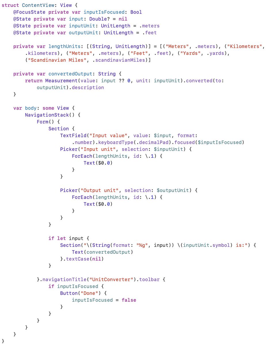 iosdevlearner's tweet image. Just finished Day 19 of the #100DaysOfSwiftUI 
I looked a little at the solution of other people before finishing. I don't like the array of tuples but I wasn't able to get the full description of the unit from the type. What can be improved?