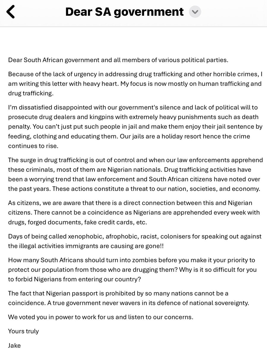 Jฮะฮ SHฮะจ (@jake_shaw2) on Twitter photo Please, my fellow patriots, assist me in spreading this letter till the appropriate people receive it. Perhaps our government will take actions.
<a href="/GaytonMcK/">Gayton McKenzie</a> <a href="/SAPoliceService/">SA Police Service ๐ฟ๐ฆ</a> <a href="/HermanMashaba/">Herman Mashaba</a> <a href="/Miz_Ruraltarain/">Kwena Molekwa</a> <a href="/BafanaSurprise/">Slaughter.</a> <a href="/PATRICIAMASHAL3/">PATRICIA MASHALE</a> <a href="/OnsBaizaNie/">Patriotic Alliance</a> <a href="/Action4SA/">ActionSA</a> #BanNigerians Please, my fellow patriots, assist me in spreading this letter till the appropriate people receive it. Perhaps our government will take actions.
<a href="/GaytonMcK/">Gayton McKenzie</a> <a href="/SAPoliceService/">SA Police Service ๐ฟ๐ฆ</a> <a href="/HermanMashaba/">Herman Mashaba</a> <a href="/Miz_Ruraltarain/">Kwena Molekwa</a> <a href="/BafanaSurprise/">Slaughter.</a> <a href="/PATRICIAMASHAL3/">PATRICIA MASHALE</a> <a href="/OnsBaizaNie/">Patriotic Alliance</a> <a href="/Action4SA/">ActionSA</a> #BanNigerians