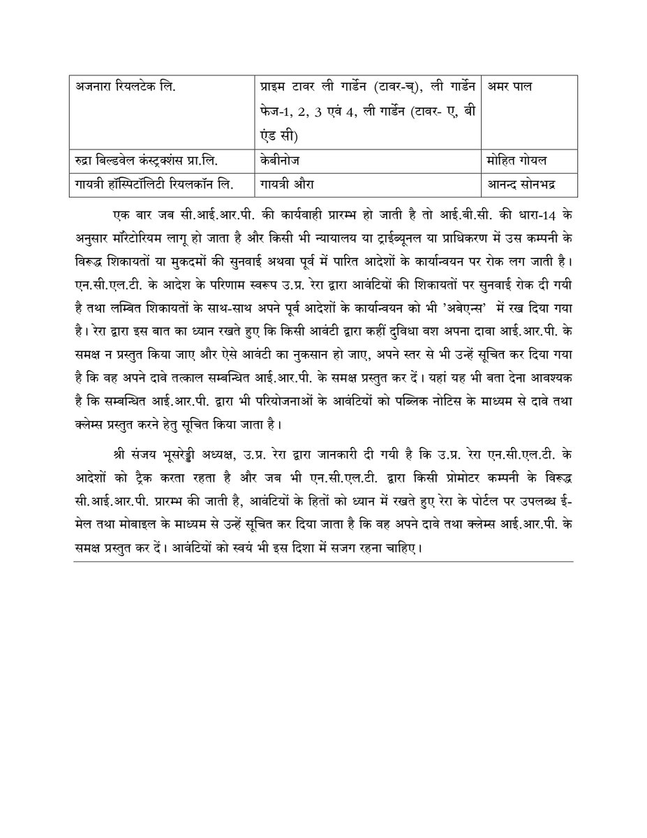 उ.प्र. रेरा द्वारा सुपरटेक रियल्टर्स प्रा.लि., सुपरटेक टाउनशिप प्रोजेक्ट्स लि., अजनारा रियलटेक लि., रुद्रा बिल्डवेल कन्सट्रक्शन्स प्रा.लि. तथा गायत्री हॉस्पिटॉलिटी रियलकॉन लि. की परियोजनाओं के आवंटियों को सूचित किया गया है कि वे अपने दावे एन.सी.एल.टी. द्वारा नियुक्त आई.आर.पी के+