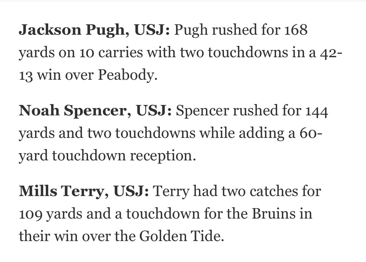 USJ Bruin Football (@usjbruinfb) on Twitter photo A few Bruins in the news <a href="/JacksonTPugh/">Jackson Pugh</a> <a href="/NJSpencer7/">Noah Spencer</a> <a href="/MillsTerry14/">Mills Terry</a> A few Bruins in the news <a href="/JacksonTPugh/">Jackson Pugh</a> <a href="/NJSpencer7/">Noah Spencer</a> <a href="/MillsTerry14/">Mills Terry</a>