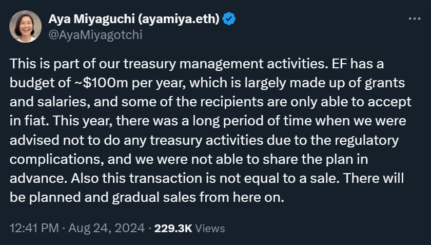 duonine's tweet photo. Anyone heard of Ethereum Foundation? 

They dump $100 mil in ETH on you every year. 

Likely tokens printed from thin air. @VitalikButerin I think we can do better. Maybe time to provide more transparency as well. @AyaMiyagotchi https://t.co/N7o0LYiPaU
