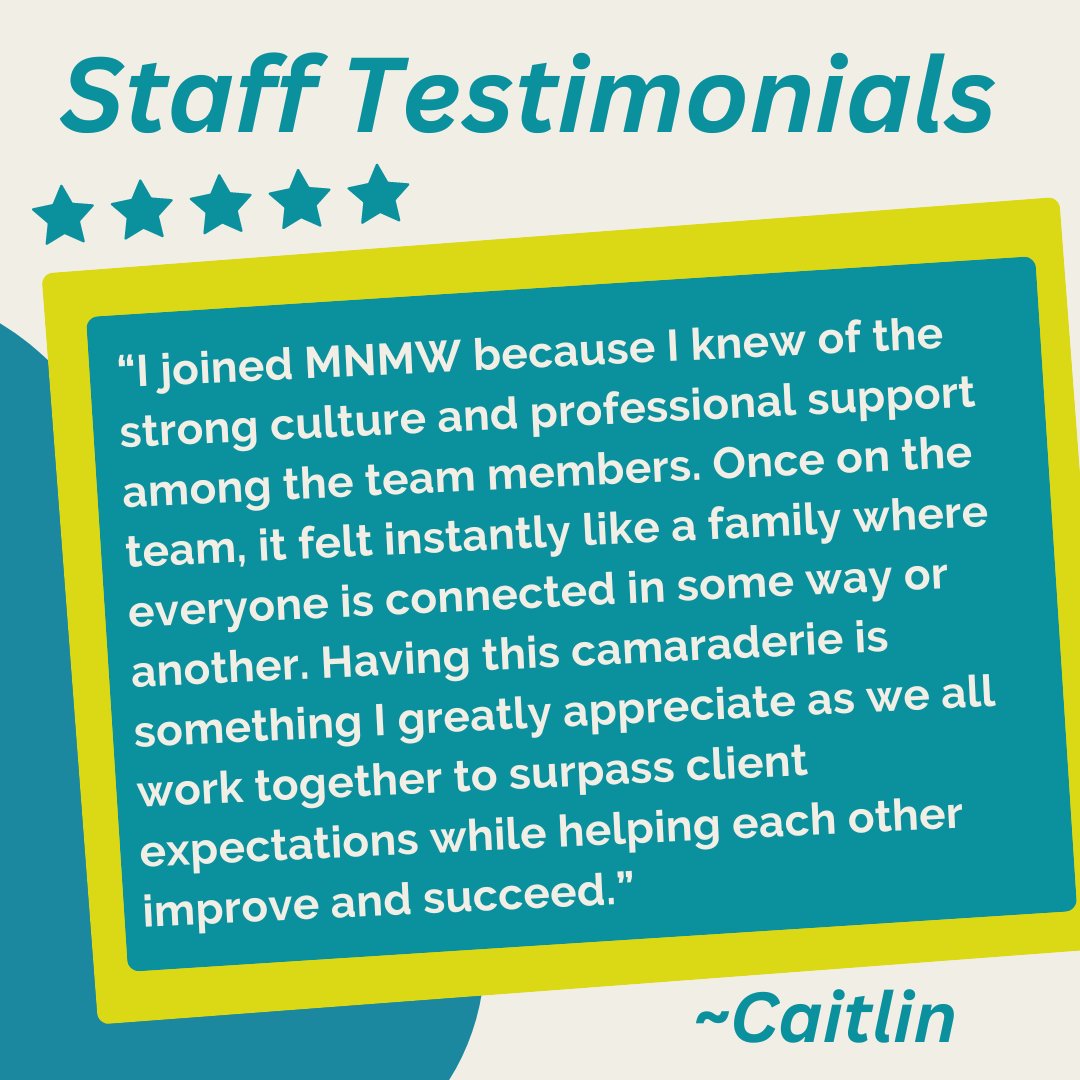 MNMW's tweet photo. Welcome to another #StaffSaturday! This week we hear from Caitlin on what makes MNMW so special to her. We are so happy to have her on our team!
#MNMW #TeamMember #Community #WorkLifeBalance #Teamwork https://t.co/EmUTDhdetK