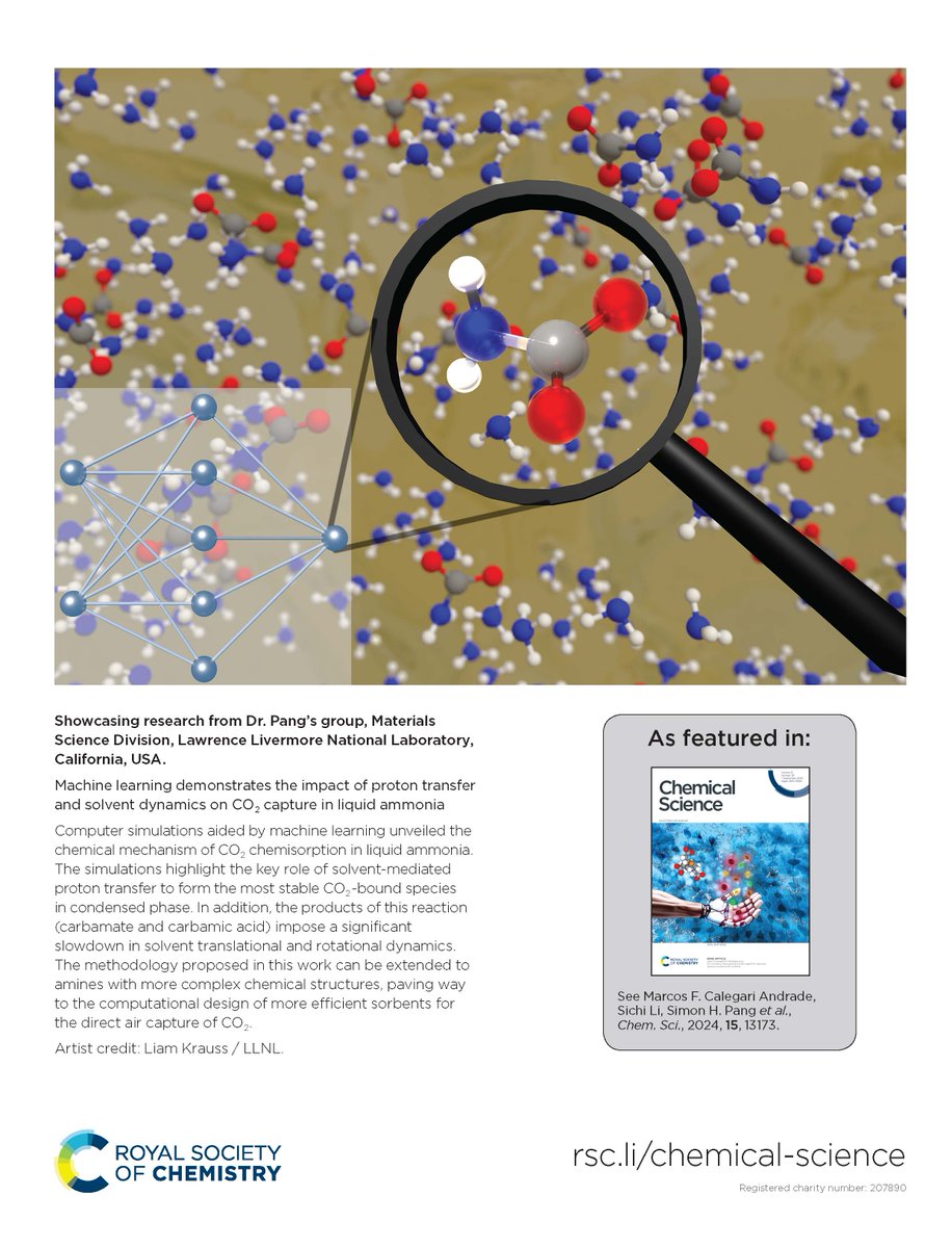 Don't miss 'Machine learning demonstrates the impact of proton transfer and solvent dynamics on CO2 capture in liquid ammonia' by Simon H. Pang, Marcos F. Calegari Andrade, Sichi Li et al.

🔗 doi.org/10.1039/D4SC00…

<a href="/SimonLisichi/">Sichi Li</a> <a href="/Livermore_Lab/">Lawrence Livermore National Laboratory</a> <a href="/doescience/">DOE Office of Science</a>

📌 #ChemSciCovers