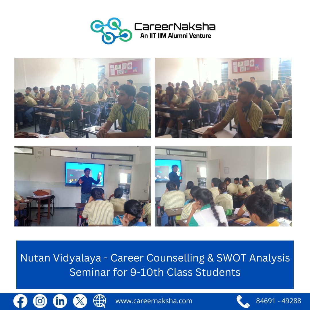 A successful seminar at Nutan vidyalaya! We engaged 9-10th class students in a comprehensive SWOT analysis session, helping them identify their strengths and opportunities. 

#StudentSuccess #CareerGuidance