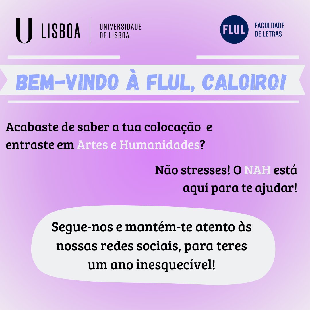 nah_flul's tweet photo. Bem-vindo à Faculdade de Letras da Universidade de Lisboa, caloiro!
Acabaste de entrar em Artes e Humanidades? Então, este post do NAH (Núcleo de Artes e Humanidades) é extra especial para ti! https://t.co/nhX4p8oNrs