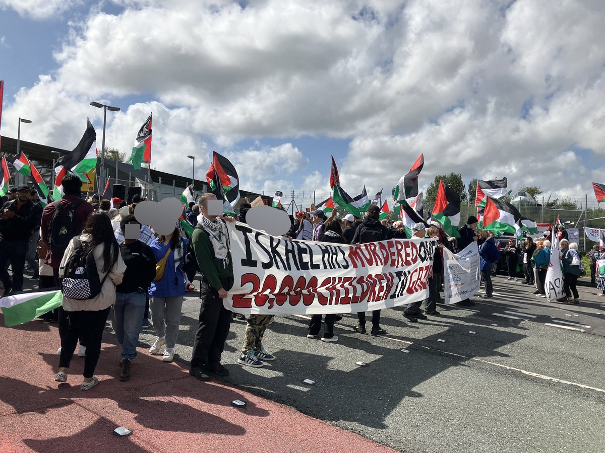 Now: Campaigners outside BAE Systems in Samlesbury which makes the rear fuselage of the F35 aircraft, currently being used in the Israeli genocide  of Palestinians in Gaza. Well done to Blackburn4Palestine for bringing everyone together.