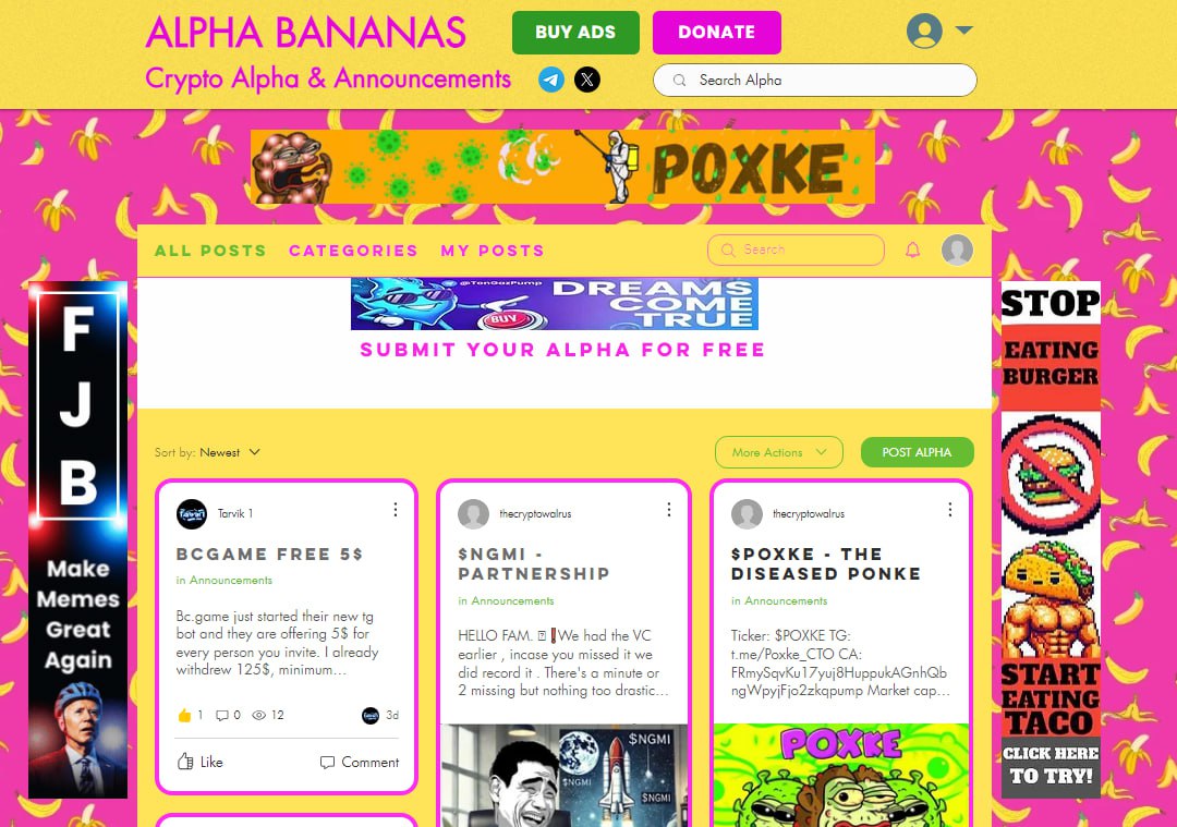 TACO_POL's tweet photo. I'd like to thank @AlphaBananas for adding the promotional banner for $TACO! 🌮

I encourage everyone to check out their site and learn more: https://t.co/olXTboPDMA.

 BUY MORE $TACO
#Polygon #memecoin https://t.co/IXeHteMoWG
