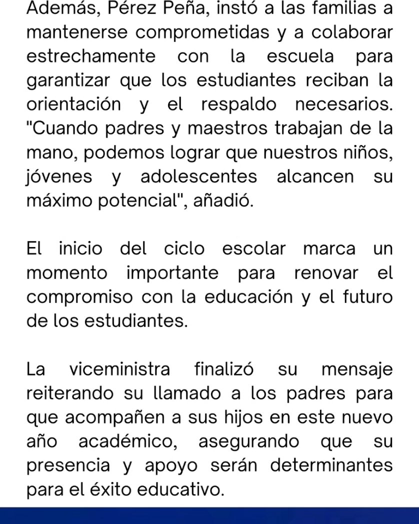 𝗟𝗮 𝘃𝗶𝗰𝗲𝗺𝗶𝗻𝗶𝘀𝘁𝗿𝗮, 𝗟𝗶𝗴𝗶𝗮 𝗣é𝗿𝗲𝘇 𝗣𝗲ñ𝗮, 𝗹𝗹𝗮𝗺𝗮 𝗮 𝗹𝗼𝘀 𝗽𝗮𝗱𝗿𝗲𝘀 𝗮 𝗶𝗻𝘁𝗲𝗴𝗿𝗮𝗿𝘀𝗲 𝗮𝗰𝘁𝗶𝘃𝗮𝗺𝗲𝗻𝘁𝗲 𝗲𝗻 𝗲𝗹 𝗶𝗻𝗶𝗰𝗶𝗼 𝗱𝗲 𝗰𝗹𝗮𝘀𝗲𝘀 𝗮 𝗽𝗮𝗿𝘁𝗶𝗿 𝗱𝗲 𝗲𝘀𝘁𝗲 𝗹𝘂𝗻𝗲𝘀 𝟮𝟲 𝗱𝗲 𝗮𝗴𝗼𝘀𝘁𝗼

#CambiandoElPaísDesdeLasAulas