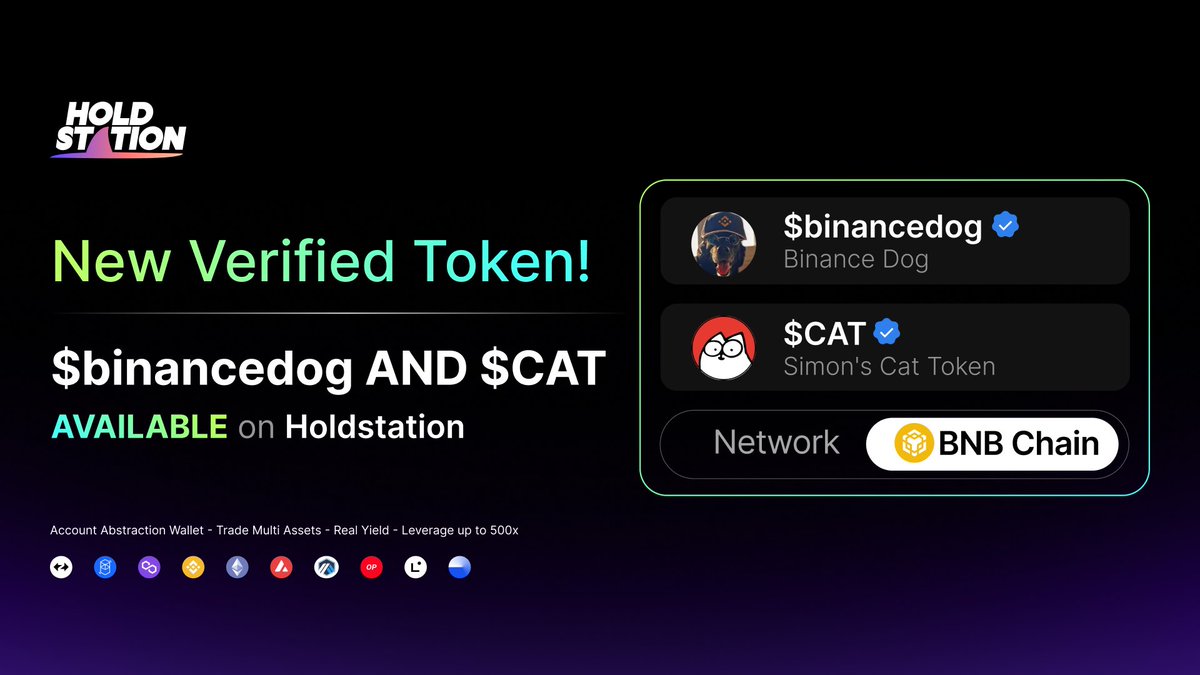 🔔 New Verified Token Alert!

The #Holdstation Smart Wallet now supports token swaps for @binancedogbsc ($binancedog) and <a href="/SimonsCatMeme/">Simon's Cat Token</a> ($CAT) on #BNBChain.

Swap your verified tokens securely and easily!