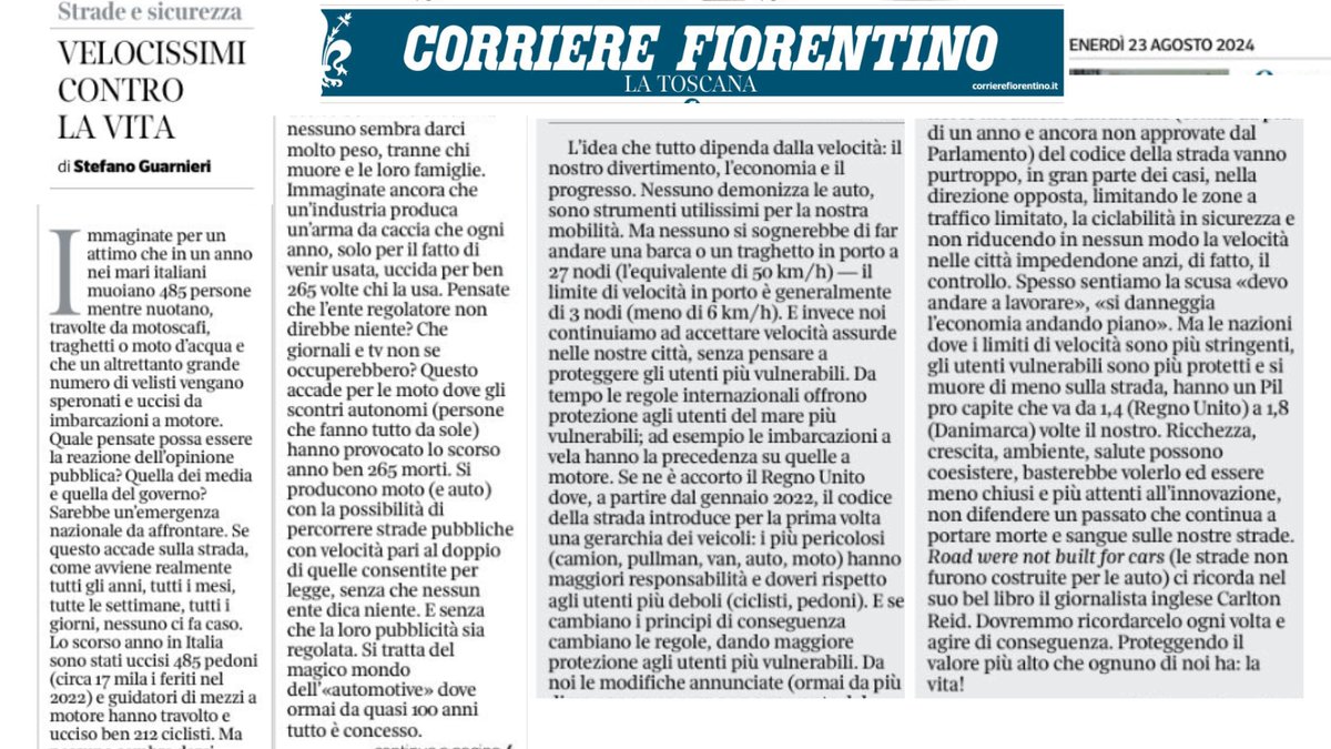 Immaginate se in un anno nei mari italiani morissero 485 persone mentre nuotano, travolte da motoscafi. Quale pensate possa essere la reazione dell’opinione pubblica? Quella dei media e quella del governo? Sarebbe emergenza nazionale. Accade ogni anno sulle strade ma interessa a