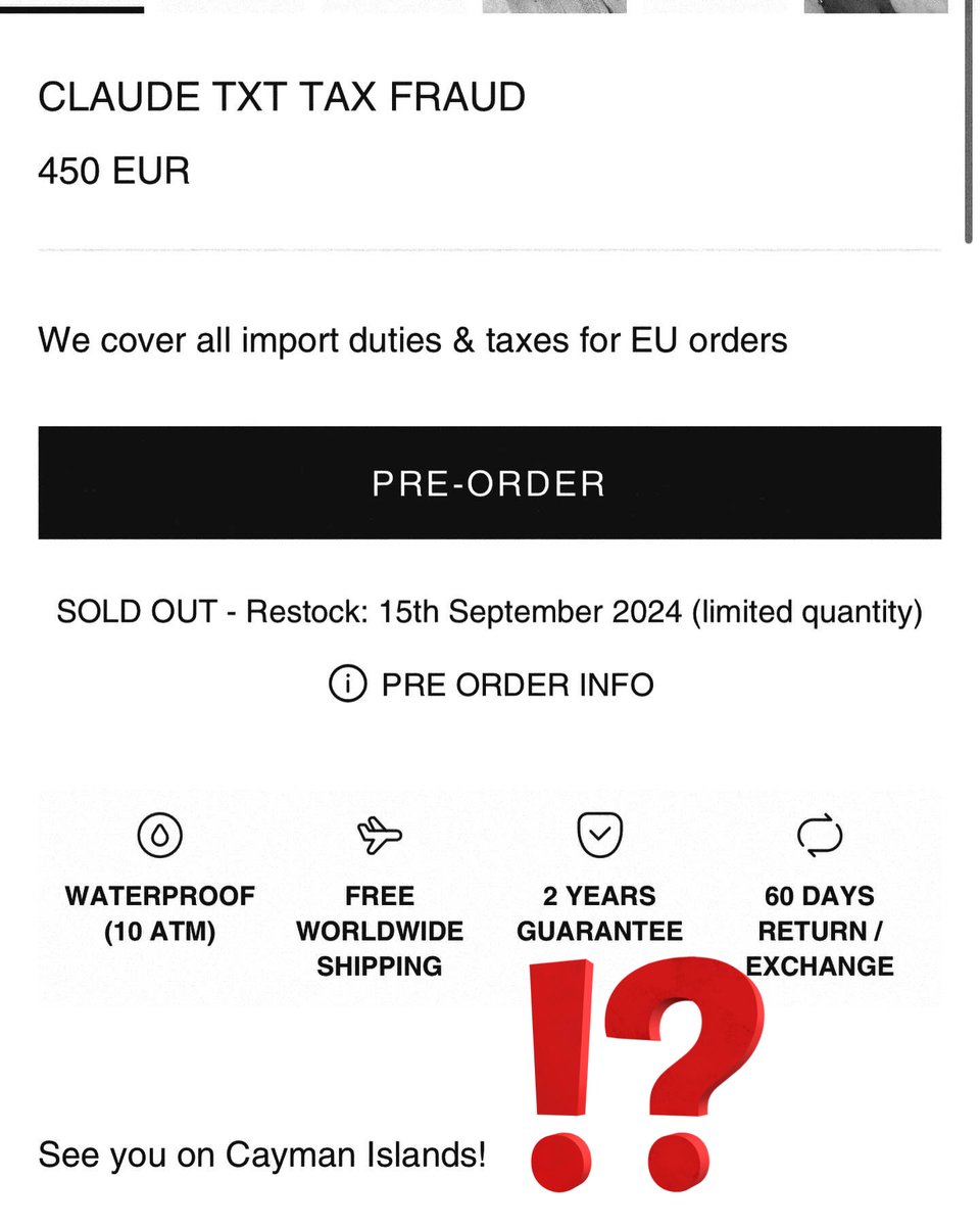 Copenhagen-based watch brand Cainté apparently thinks tax fraud and tax havens like Cayman Islands are cool and prints "normalise tax fraud" on their 450-euro-wristwatches