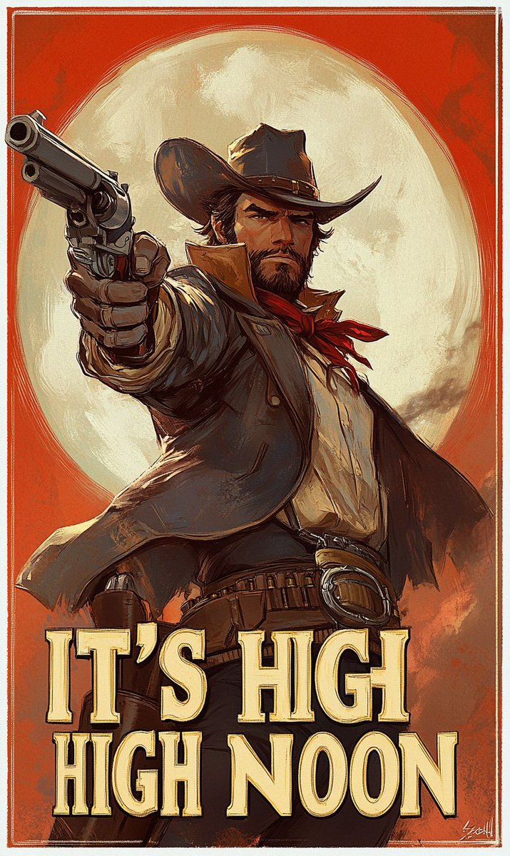 NineTail_'s tweet photo. #overwatch の有名なセリフ「Its High Noon」が、なぜか韓国では「夕陽が沈む」と訳されました。これは、韓国がアメリカ本土よりもスパゲティ・ウェスタンの影響を強く受けていたためだそうです。ああ、日本では昔、これを「マカロニ・ウェスタン」と呼んでいたというのは本当でしょうか？ #midjourney https://t.co/jPPfVhobAS