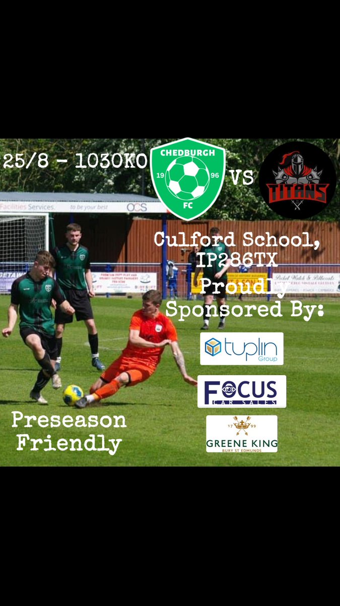 Chedburgh FC (@chedburghfc) on Twitter photo Friendly vs <a href="/burytitansfc/">Bury Titans FC</a> tomorrow looking forward to a final run out before the season starts, aiming to end preseason on a high Friendly vs <a href="/burytitansfc/">Bury Titans FC</a> tomorrow looking forward to a final run out before the season starts, aiming to end preseason on a high