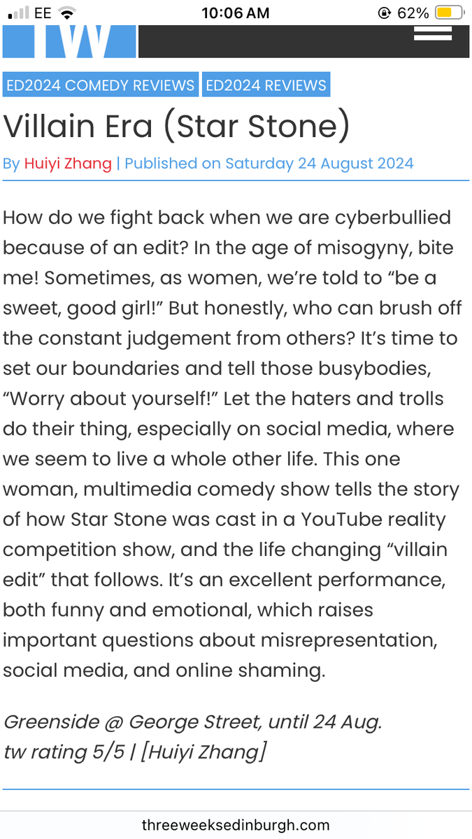 SStonespeaks's tweet photo. ⭐️⭐️⭐️⭐️⭐️ @ThreeWeeks 
Thank you so much for the amazing review of VILLAIN ERA!
1 show left people!! 5:10 today! https://t.co/f3eEwuBDzH