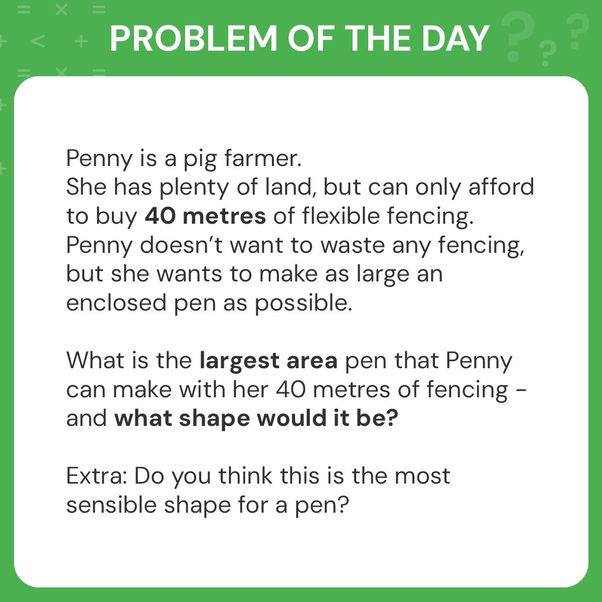 Every day, we share two interesting mathematical problems for use in your classroom, designed to promote mathematical reasoning and deep-thinking skills.

Here's today's first problem. We'd love to hear your thoughts.

Download this problem, with full teacher notes and worked
