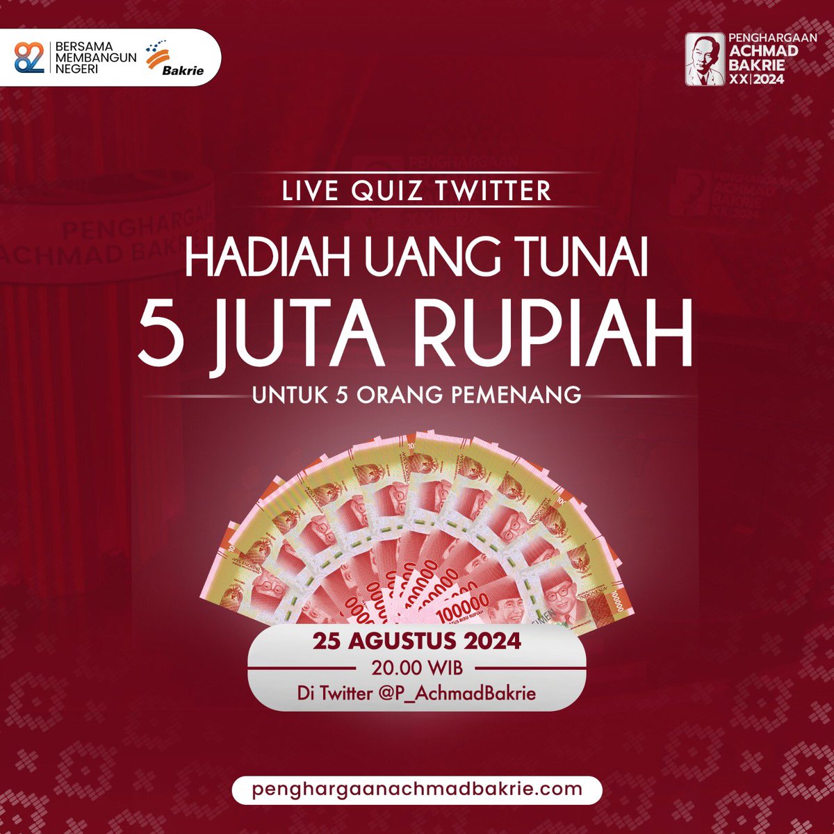 P_AchmadBakrie's tweet photo. Ada yang kalian tunggu nih!

Hadiah uang tunai total 5 juta rupiah buat 5 orang pemenang👏🏻

Tonton Penghargaan Achmad Bakrie XX 2024 besok!!!

#PenghargaanAchmadBakrieXX
#PenghargaanAchmadBakrie2024 https://t.co/w7QkjxtBAK