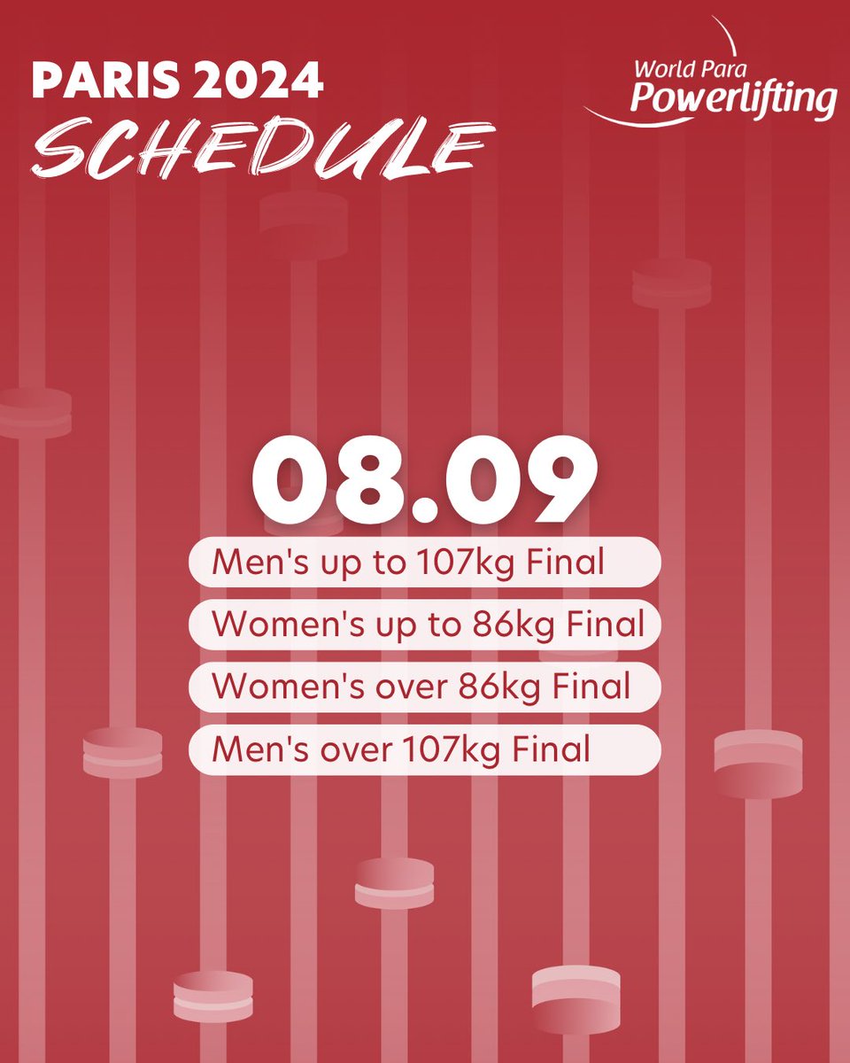 🗓️🥇#ParaPowerlifting schedule at #Paris2024 

🏟️: Porte de La Chapelle Arena 
🎟️: bit.ly/3ttqm56
📺: youtube.com/paralympics 

#Paralympics
