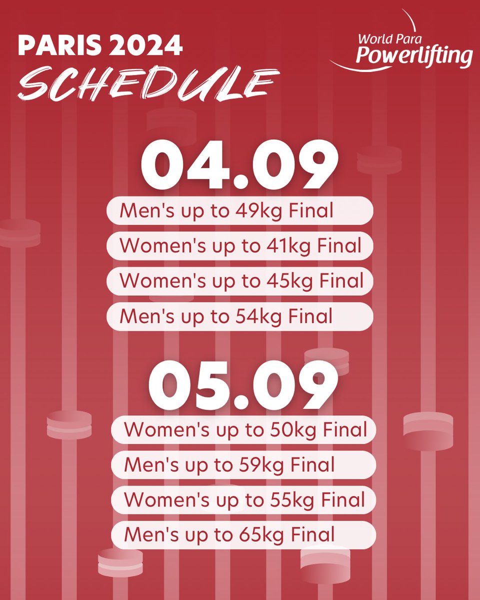 Powerlifting's tweet photo. 🗓️🥇#ParaPowerlifting schedule at #Paris2024 

🏟️: Porte de La Chapelle Arena 
🎟️: https://t.co/C2ASvTzzE9
📺: https://t.co/FNWker1hQb 

#Paralympics https://t.co/Dr0KMjTQFw