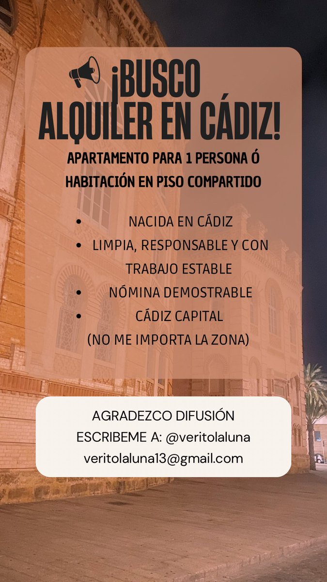 Soyterezaa's tweet photo. Hola!!!!
¡Vengo a pediros ayudita!

Una amiga de Cádiz, anda buscando 
ALQUILER DE PISO EN CÁDIZ.

Ya sabemos todos/as cómo es esto de difícil, así que si nos ayudáis compartiendo os estaremos enormemente agradecidas.
🩶🩶🩶🩶🩶

@veritodecai https://t.co/h3hMYsgbJM