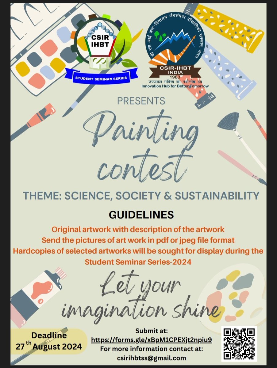 Give wings to your imagination &amp; submit your photos, videos, memes and paintings on theme "Science, Society and Sustainability" before 27th Aug 2024 at csirihbtss@gmail.com
<a href="/AcSIR_India/">AcSIR</a> <a href="/CSIR_IHBT/">CSIR-Institute of Himalayan Bioresource Technology</a> <a href="/CSIR_IND/">CSIR, India</a> <a href="/IndiaDST/">DSTIndia</a> <a href="/DrSudeshKumarY1/">Dr Sudesh Kumar Yadav</a> <a href="/VigyanPrasar/">Vigyan Prasar</a> <a href="/DrJitendraSingh/">Dr Jitendra Singh</a> <a href="/DrNKalaiselvi/">N Kalaiselvi</a>