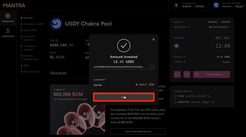 ioDeFi's tweet photo. 12/ Step 10: Complete Your Deposit
After successful transaction completion, a pop-up will display your “Amount Invested.” 🎉 Congratulations, you've successfully deposited $USDC into the Chakra Pool! #YieldFarmingSuccess https://t.co/dEhjiHYWyT