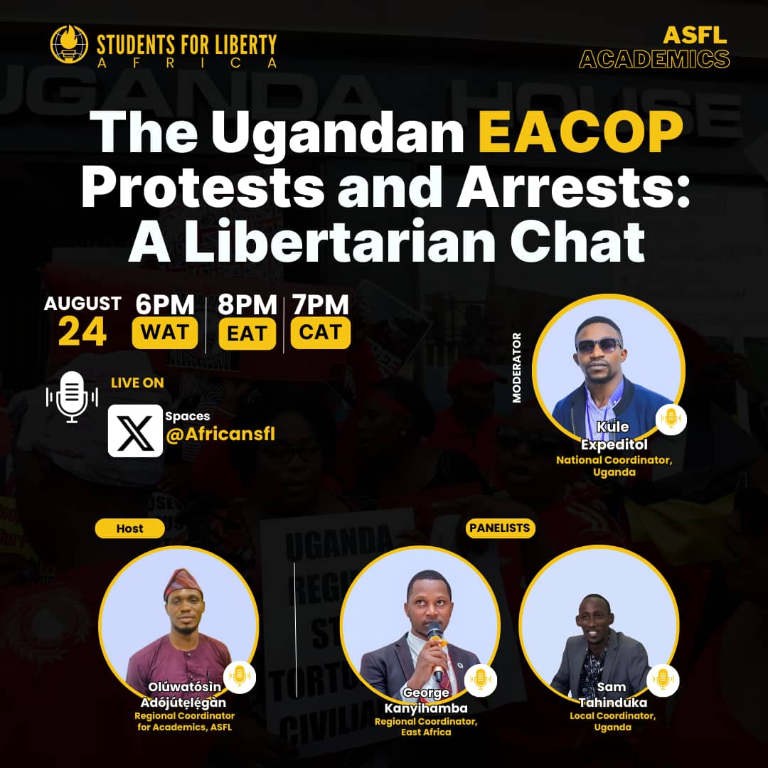 The EACOP has drawn a lot of controversy since inception.
A lot of Ugandans have protested against it, and many have been arrested.

Join us on X as we discuss its libertarian perspectives of the saga.
6PM WAT, 7PM CAT, 8PM EAT
 <a href="/AfricanSFL/">African Students For Liberty</a>
<a href="/StopEACOPug/">StopEACOP Uganda</a>
<a href="/UNOC_UG/">UNOC</a> 
<a href="/PNyamutoro/">Phiona Nyamutoro</a>