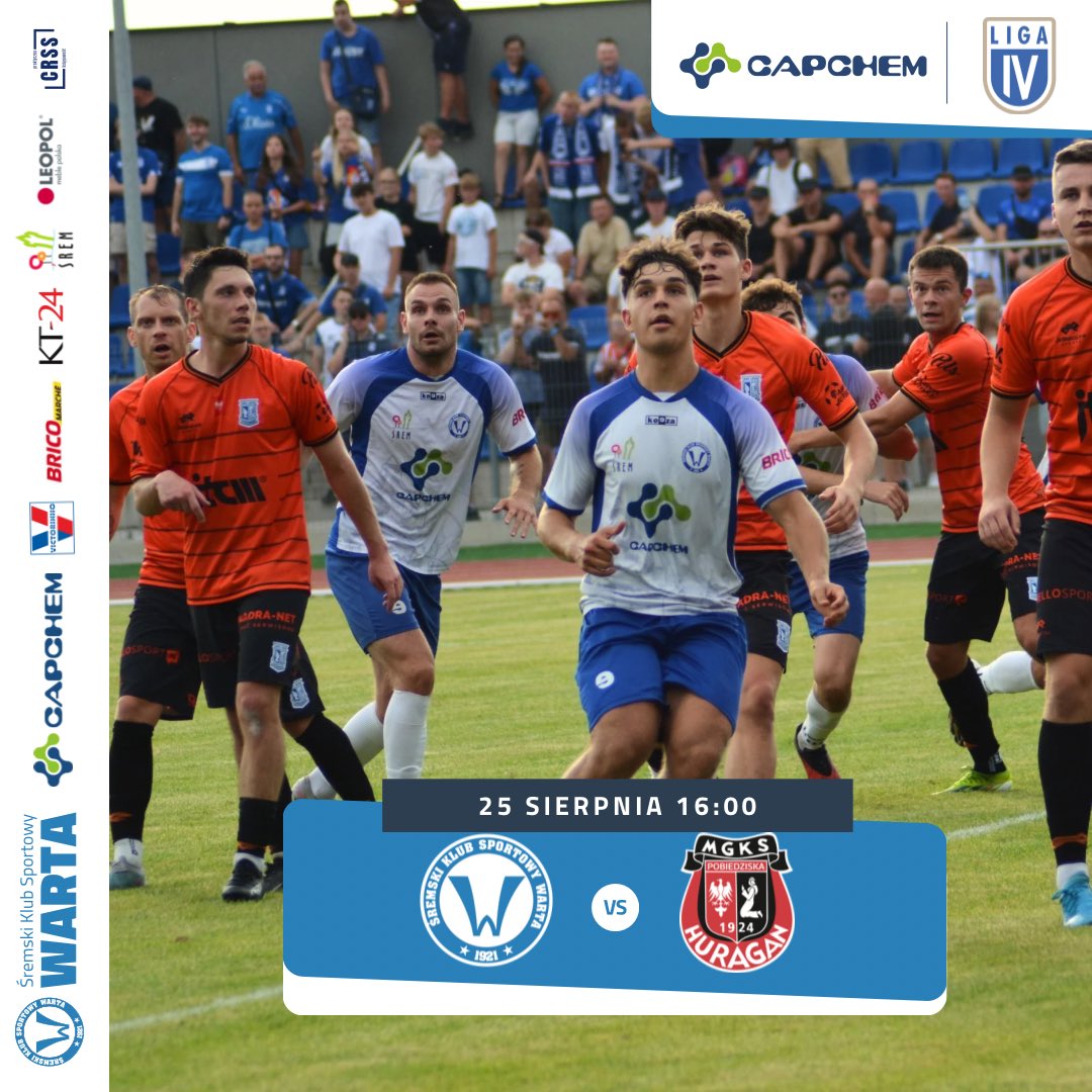 WartaSrem's tweet photo. Już jutro 25 sierpnia 
5 kolejka IV ligi 
➡️ zmierzymy się z @Huraganisci 
🕓 16:00 
🏟️ stadion miejski w Śremie 
Zapraszamy https://t.co/XcKRp60oBF