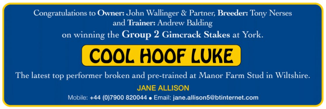 bloodstocknews's tweet photo. 💫 COOL HOOF LUKE wins the Gr.2 Gimcrack Stakes 💫

The latest top performer broken and pre-trained at Manor Farm Stud in Wiltshire 🏆 

Jane Allison would like to congratulate all connections on their success 👏
#ReadAllAboutIt https://t.co/IpVUgKrXSA