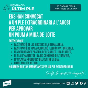 <a href="/JuntsMontroigC/">Junts per Mont-roig del Camp</a> continuem treballant de manera exigent i persistent perquè tots els reptes del municipi s’afrontin posant el progrés de tothom!!! al centre. ➡️ Escolteu la intervenció del nostre candidat i Cap de l’oposició <a href="/simogras/">Simó Gras i Solé</a> a 💯 youtube.com/watch?v=40lZit… <a href="/JUNTSxBaixCamp/">Junts pel Baix Camp</a>