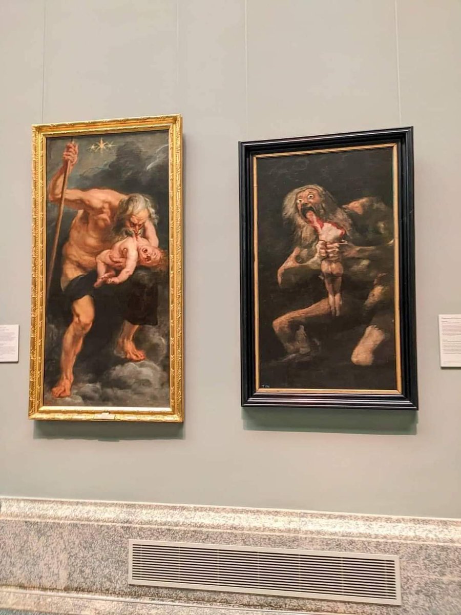 Por primera vez en la historia del arte, se exhiben juntas las poderosas representaciones de: “Saturno devorando a su hijo" 
Rubens (izquierda) Goya (derecha)
Museo del Prado de Madrid.