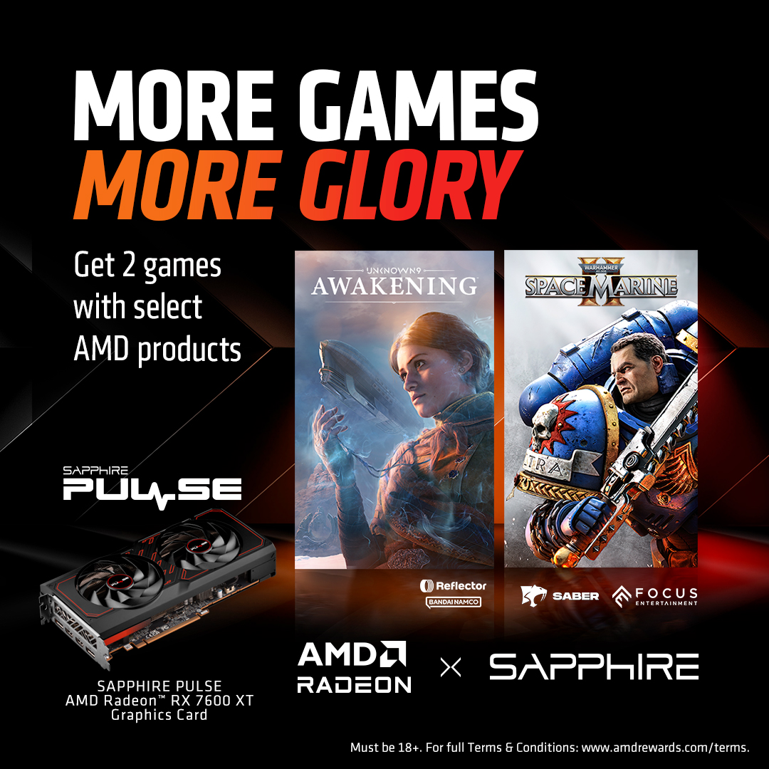 SapphireTech's tweet photo. Two realities, one heroic fight for humanity, all included with purchase of a SAPPHIRE PULSE AMD Radeon RX 7600 XT 16GB from AMD’s list of participating retailers.

Details: https://t.co/64Mo1msnVt
.
.
#AMD #Radeon #gamebundle #Warhammer #Unknown9 #gaming #RX7600XT https://t.co/8aCZnXCjlM