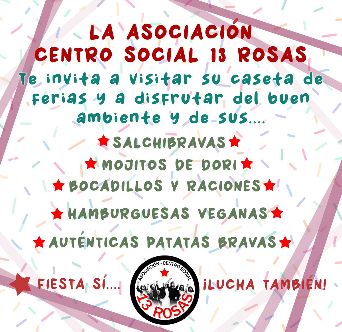 IU_Alcala's tweet photo. 🌹Otro año más vuelven las Ferias de Alcalá y vuelve la caseta del @CS13Rosas🌹
Venid a disfrutar de las fiestas con nosotras, la mejor caseta con la mejor gente y el mejor ambiente 🎊🎶🍻
🟪🏳️‍🌈🏳️‍⚧️Espacio libre de violencia machista y LGTBIfóbica
🔻Fiesta sí... ¡Lucha también!✊️ https://t.co/icgQAklxTQ