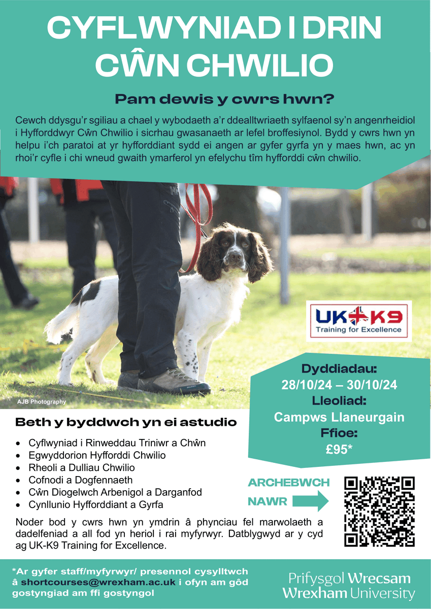 amy_rattenbury's tweet image. Interested in learning about search dogs?
Our Intro to Search Dog Handling course @WrexhamUni offers a unique experience to explore the skills and training involved.
📅 28/10/24 – 30/10/24
📍 Northop Campus
💷 £95*
wrexham.ac.uk/courses/short-…
#SearchDogs #DogTraining #WrexhamUni