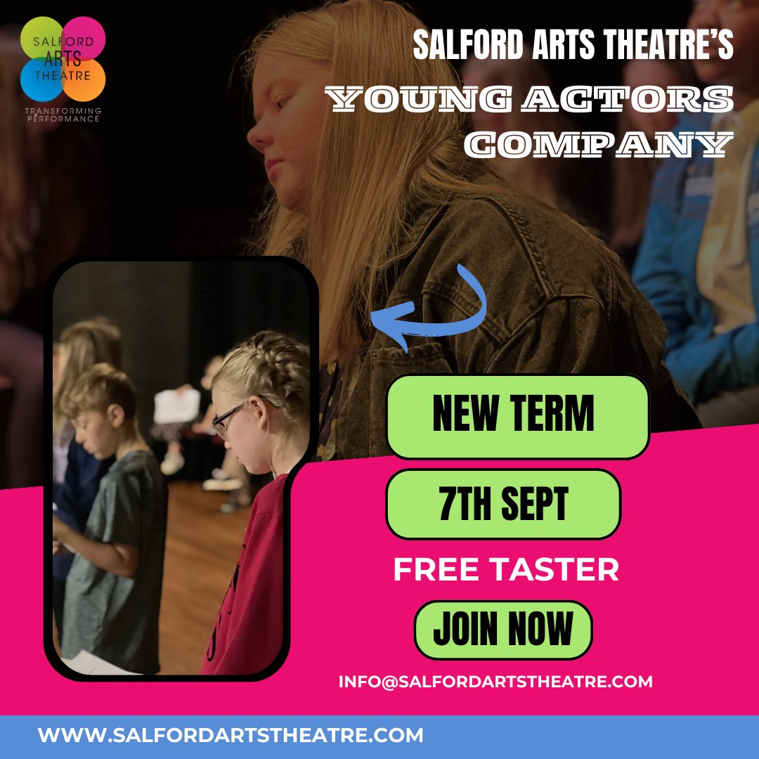 Young Actors Company return Sat 7th Sept
Places for both classes Free Taster 
Classes are taught by industry professionals
Award Winning Young Actors Company 
Sign your child up now info@salfordartstheatre.com 
salfordartstheatre.com/young-actors-c…
#youngcompany
#actors
#youngactorscompany