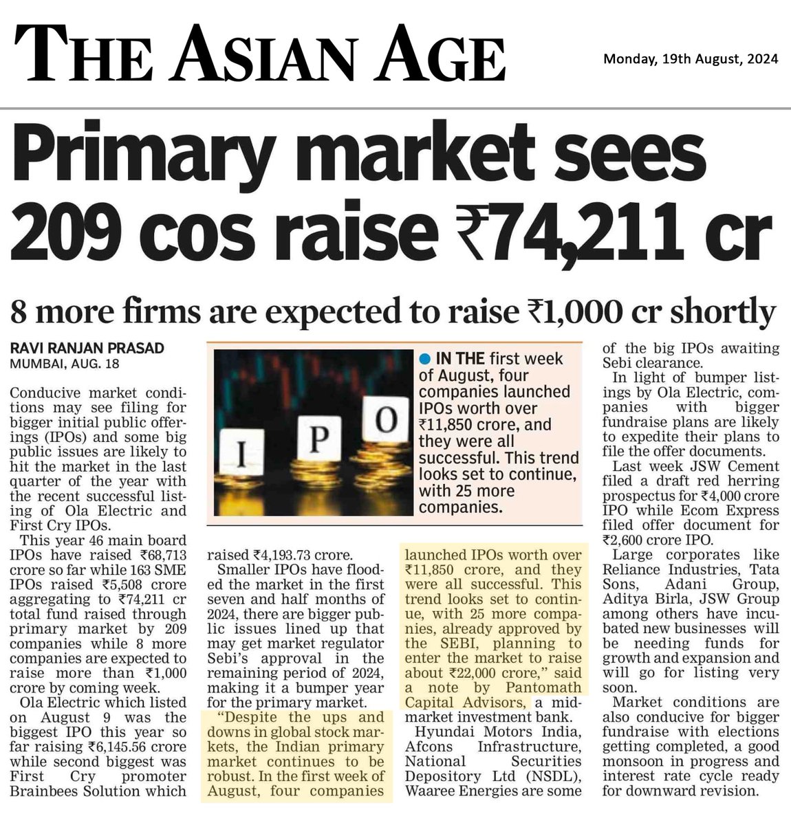 Pantomath Group (@pantomath_group) on Twitter photo Financial analysts at Pantomath Capital Advisors share their expert insights on India's thriving IPO market covered by The Asian Age.
To learn more about our recent transactions and expertise, please visit pantomathgroup.com
<a href="/TheAsianAgeNews/">The Asian Age</a> <a href="/mahavirlunawat/">Mahavir Lunawat</a> Financial analysts at Pantomath Capital Advisors share their expert insights on India's thriving IPO market covered by The Asian Age.
To learn more about our recent transactions and expertise, please visit pantomathgroup.com
<a href="/TheAsianAgeNews/">The Asian Age</a> <a href="/mahavirlunawat/">Mahavir Lunawat</a>