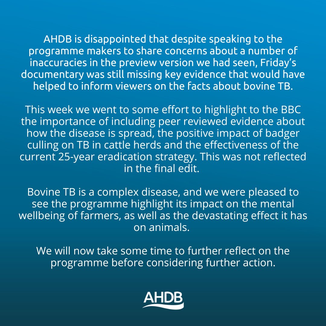 AHDB is disappointed with BBC Two’s "Brian May: The Badgers, The Farmers and Me." Despite our efforts to provide accurate, peer-reviewed evidence on bovine TB and the impact of badger culling, key facts were omitted. We'll be reflecting on the programme and next steps.