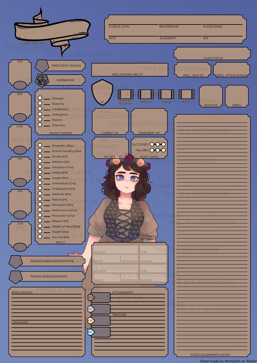 MirikaD20's tweet photo. I've had a lot of fun making custom character sheets for myself.

I did spend many hours on the layout due to inexperience in graphic design and it is by far not perfect for printing (the sides will get cut a little), but I take pride in it anyway and wanted to show it. 😊 https://t.co/4Kl2ri8qAh