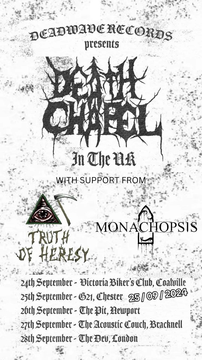 🚨 BIG ANNOUNCEMENT 🚨

Catch us HERETICS as we support for Death Chapel 🇸🇪💀 on their UK debut tour, from Sweden! on 25th September at G21, The Saddle Inn!

🕖 Doors: 7 PM
🎟 £8 OTD

#DeathChapel #TruthOfHeresy #Monachopsis #LiveMusic #ChesterMusicScene
