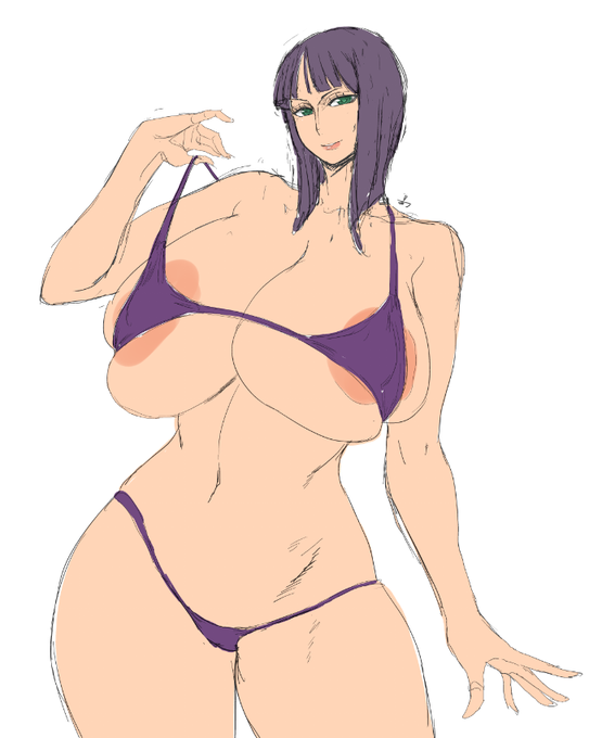 skebリクエストでニコ・ロビン、魔乳千房(魔乳忍法帖)、毒島冴子(HOTD)のビーチで水着スリーショット作業中です ロビンはアラバスタ編(アニメ)の褐色バージョンなあたり大変良いご趣味で作業が捗ります 