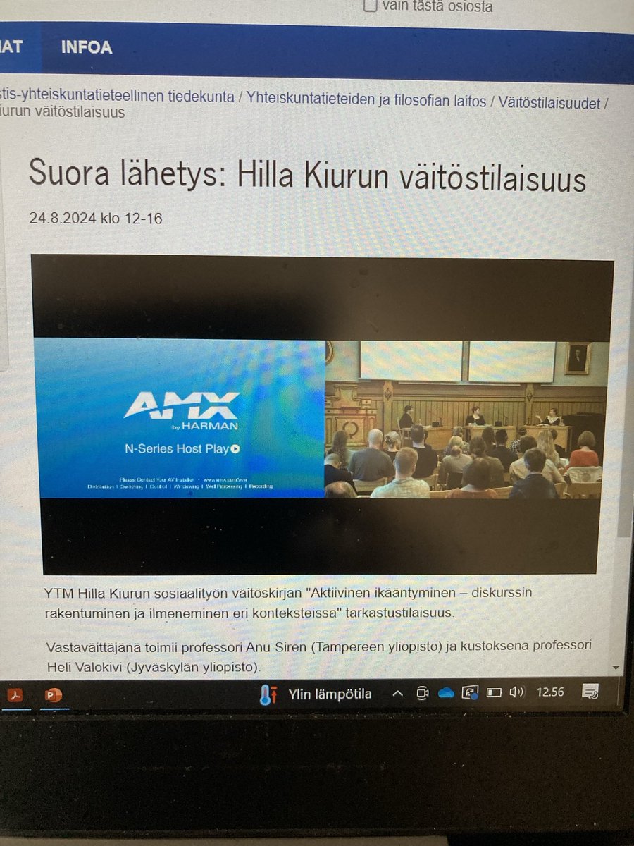 Nautin suuresti mahdollisuudesta seurata väitöstilaisuuksia etäyhteydellä. Kiinnostavaa keskustelua käyvät juuri nyt väittelijä ⁦@KiuruHilla⁩ ja vastaväittäjä ⁦<a href="/sirens_ahoy/">Anu Siren</a>⁩ aiheesta #aktiivinenikääntyminen ja #diskurssit