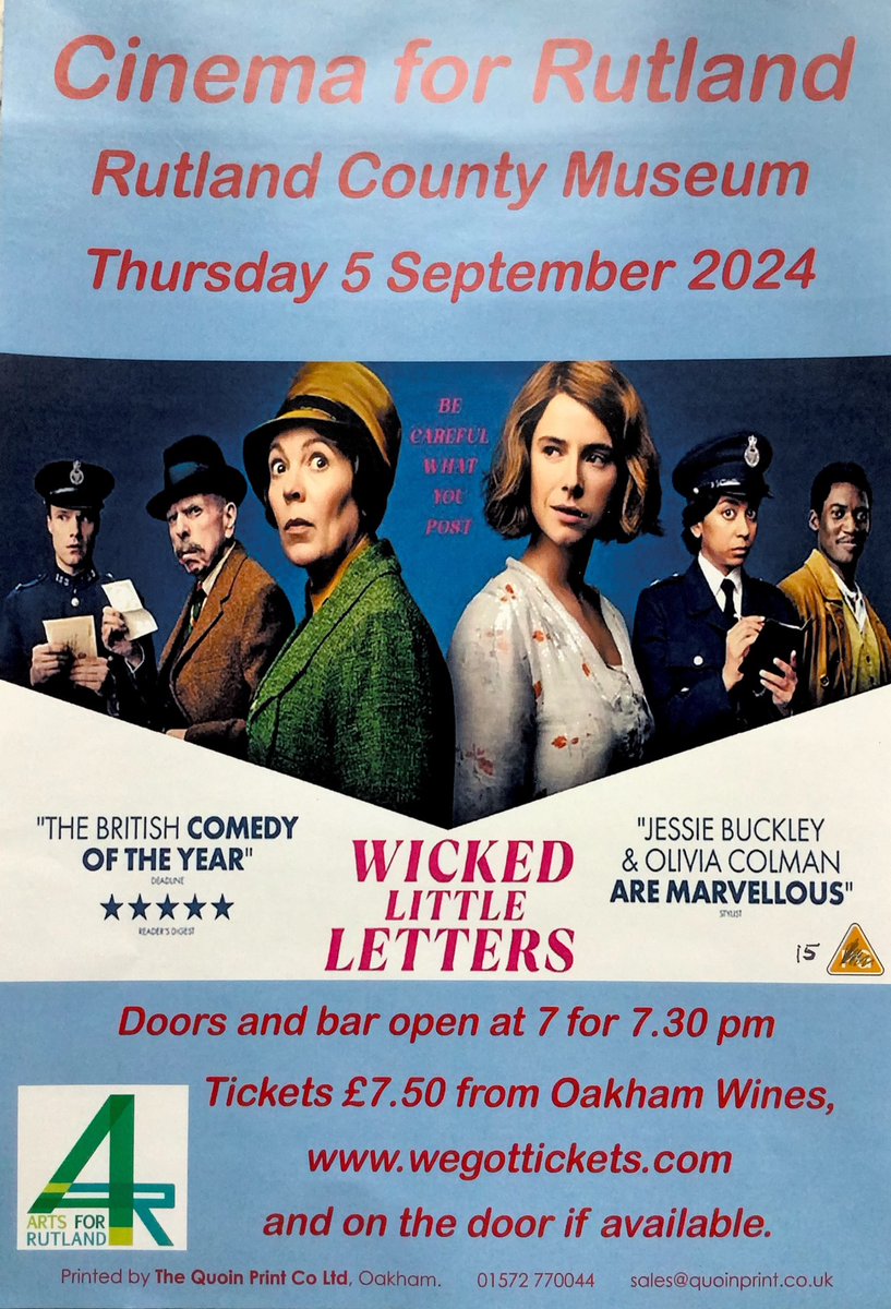 Cinema for Rutland’s September film is Wicked Little Letters
Thursday 5th September 2024 at Rutland County Museum
* NOTE this film is a 15 not a PG as advertised *
Tickets from Oakham Wines or wegottickets.com/event/620609/