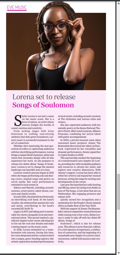 Skylar_Lorena's tweet photo. It's the weekend 🥹. Guess who made it into The  Headlines today? : Grab your copy of The Saturday Standard @StandardKenya today and check out the feature. Your support means the world to me! 🖤✨ https://t.co/6VNSawaB4E