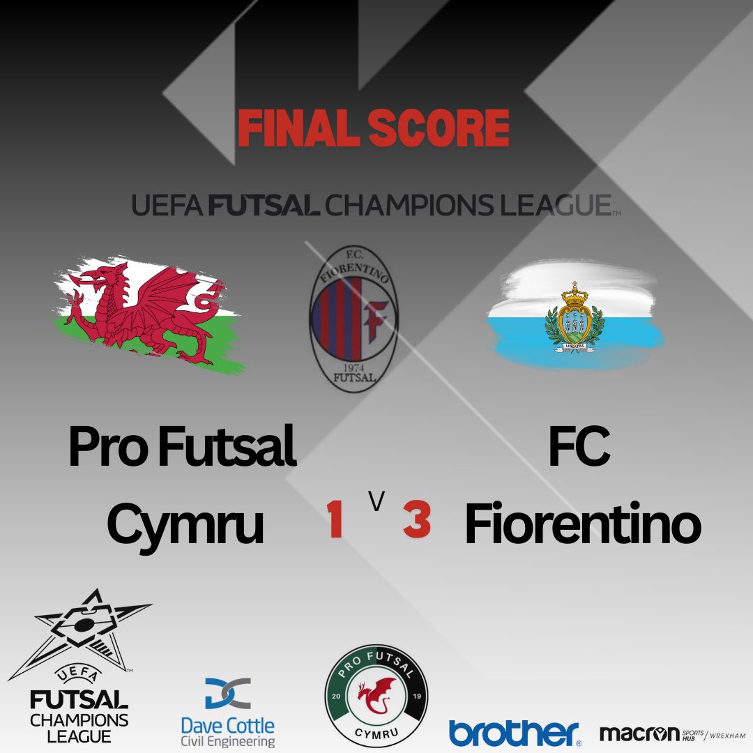 FINAL SCORE

PF Cymru 1 - 3 FC Fiorentino

Our European adventure comes to an end with defeat to the 3rd seeds. 

⚽️ Rogers

#pfcymru #futsal #wales #championsleague