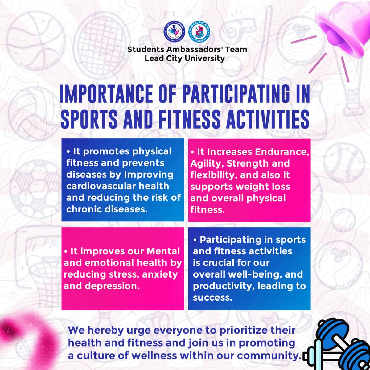 lcusat_'s tweet photo. Fitness should not just be a hobby, it should be a lifestyle. 🏋️

So why wait? 

Lace up, get moving, and discover the countless benefits of participating in sports and fitness activities. 🤗

Let's get active, feel empowered, and live our best lives! https://t.co/CYwkUub7Ud