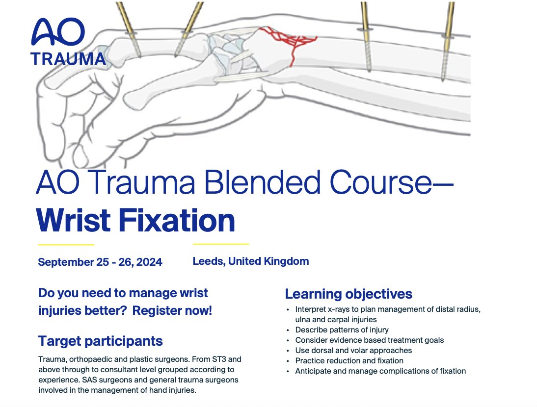 Participants have already registered from all over the UK, Ireland &amp; Europe, supported by internationally renowned faculty.  With a ratio of 4:1, this is a unique opportunity to grow your wrist networks